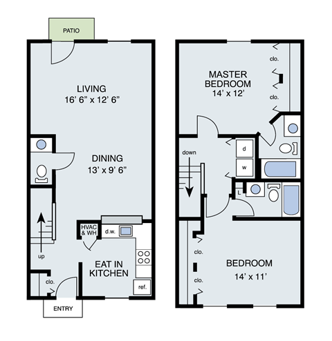 Floor plan for 2 beds, 2.5 baths, 1181 sqft